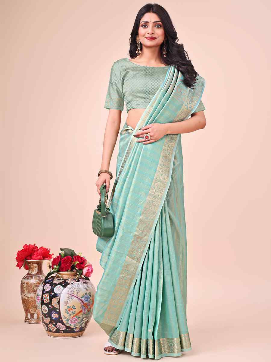 Teal Organza Handwoven Festival Wedding Fancy Heavy Border Saree