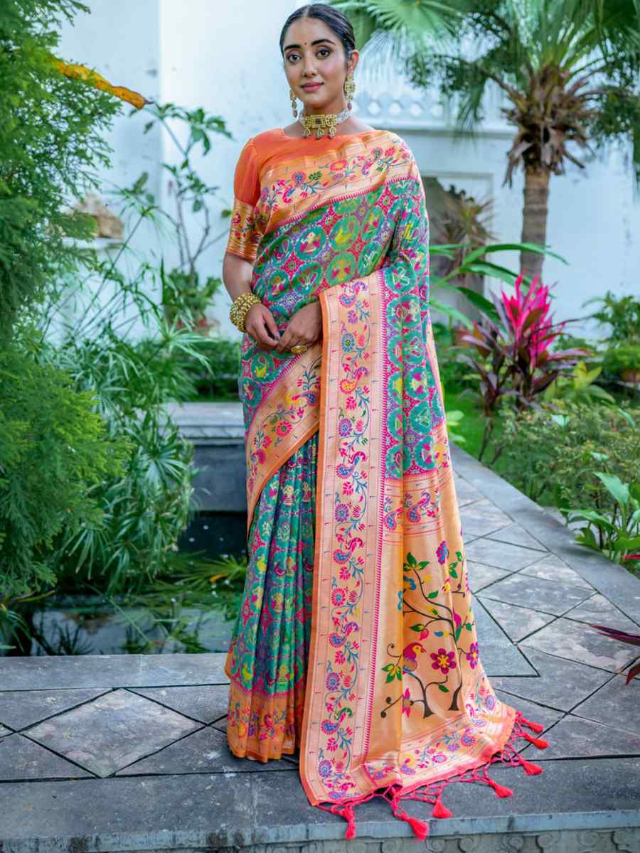 Teal Paithani Silk Handwoven Wedding Festival Heavy Border Saree