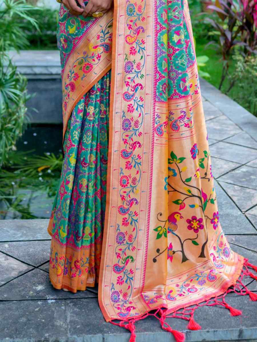 Teal Paithani Silk Handwoven Wedding Festival Heavy Border Saree