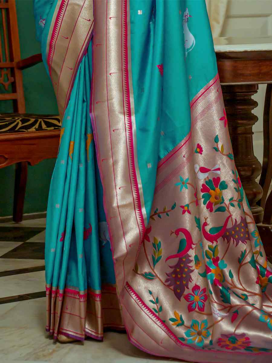 Teal Paithani Silk Handwoven Wedding Festival Heavy Border Saree