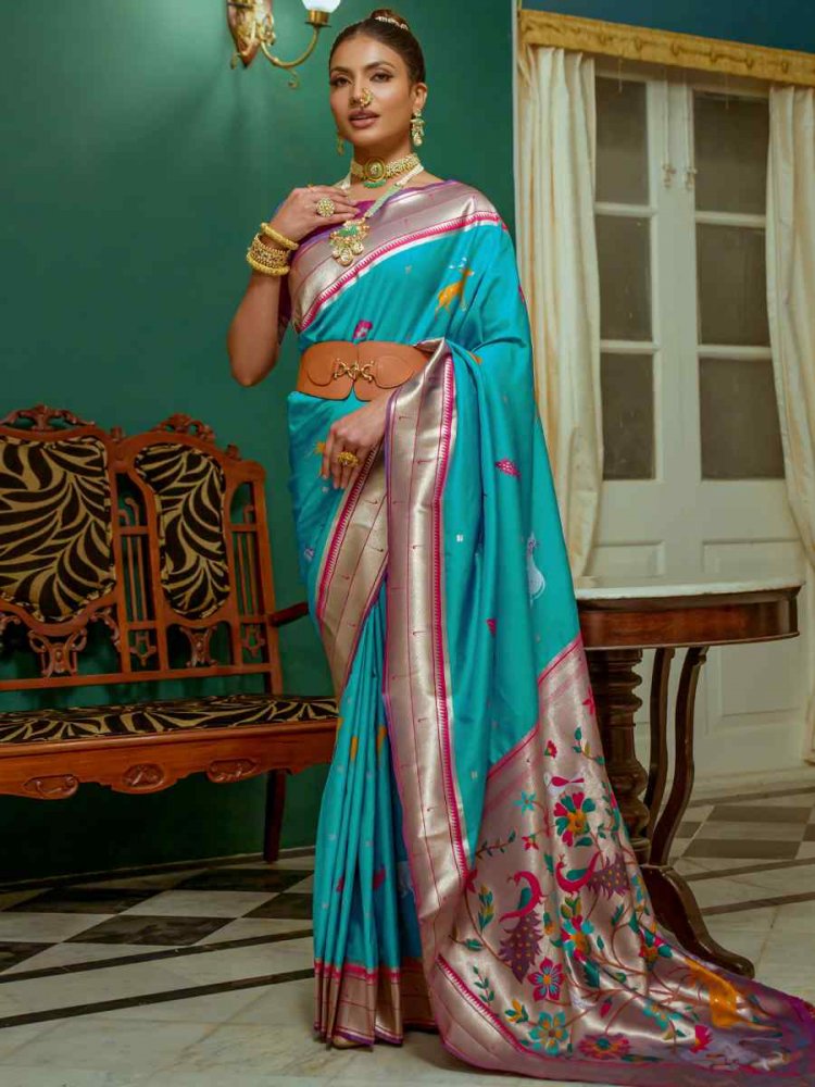 Teal Paithani Silk Handwoven Wedding Festival Heavy Border Saree