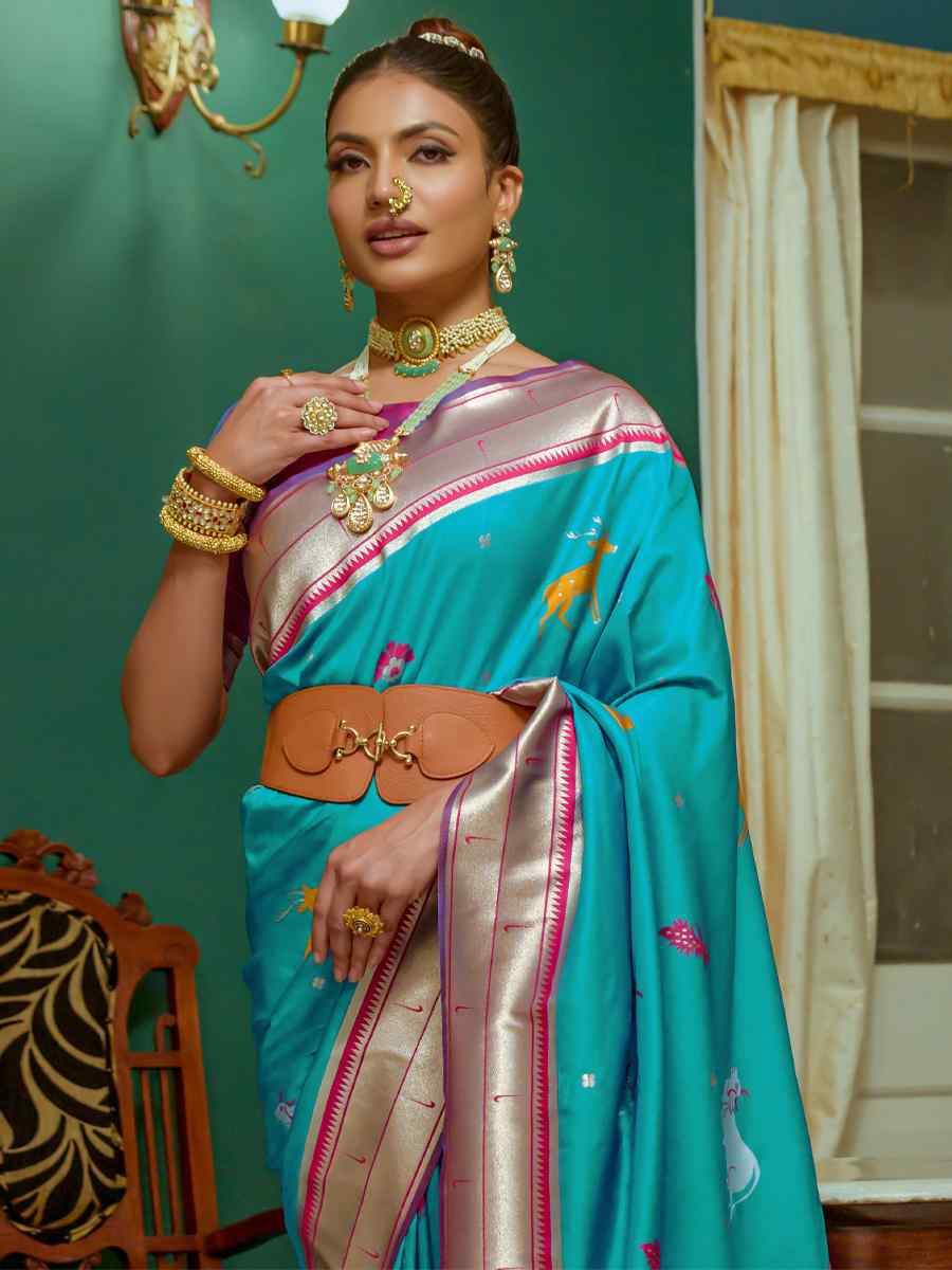 Teal Paithani Silk Handwoven Wedding Festival Heavy Border Saree