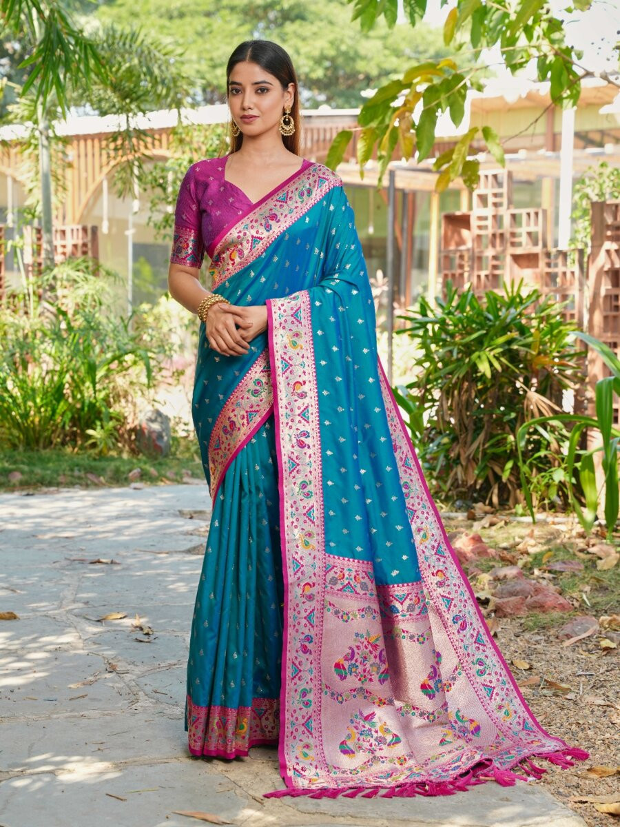 Teal Paithani Soft Silk Zari Woven Meenakari Peacock Paithani Pallu Wedding Reception Party Festival Casual Heavy Border Sarees