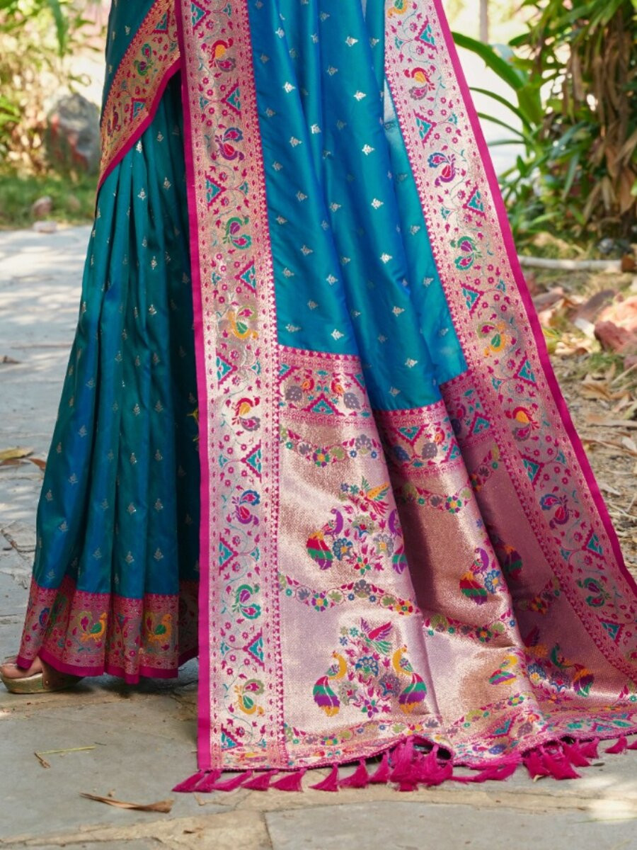 Teal Paithani Soft Silk Zari Woven Meenakari Peacock Paithani Pallu Wedding Reception Party Festival Casual Heavy Border Sarees