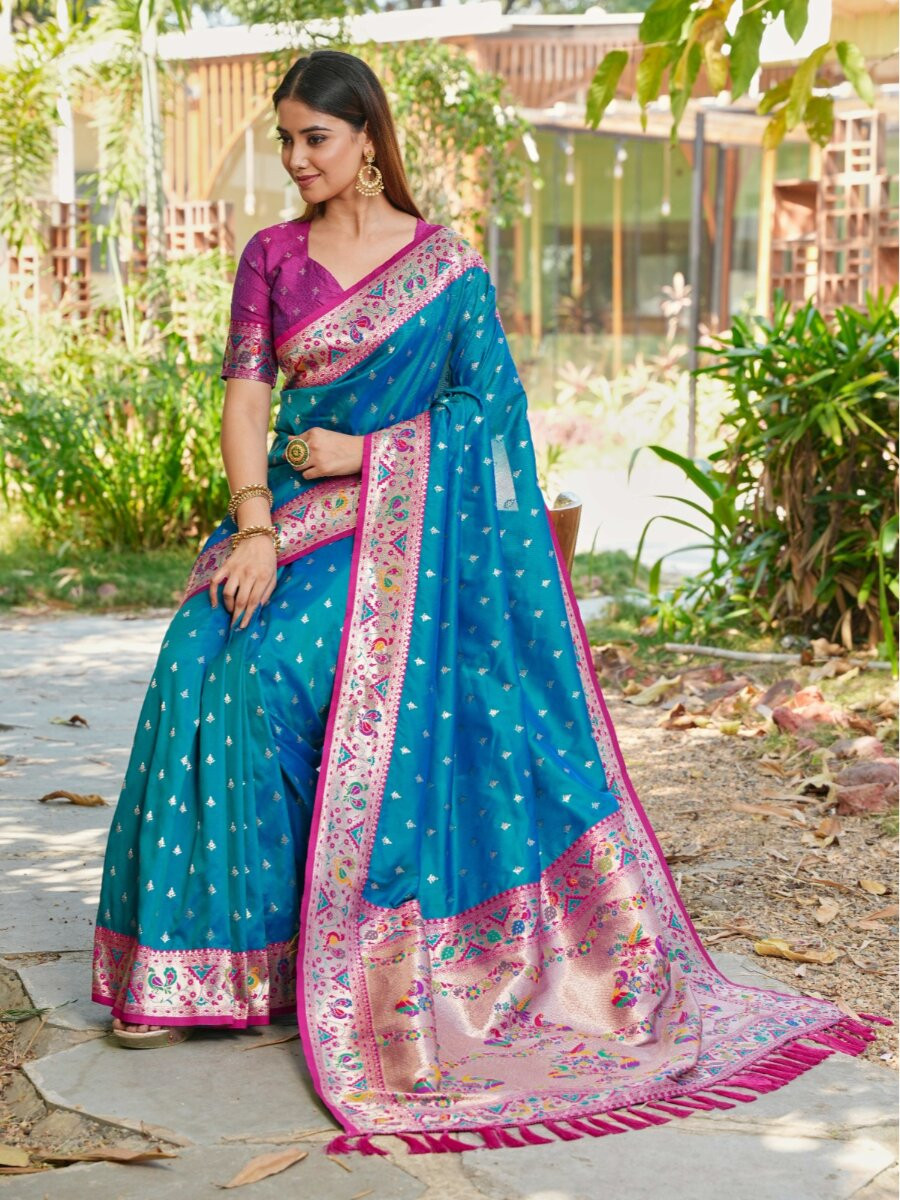 Teal Paithani Soft Silk Zari Woven Meenakari Peacock Paithani Pallu Wedding Reception Party Festival Casual Heavy Border Sarees
