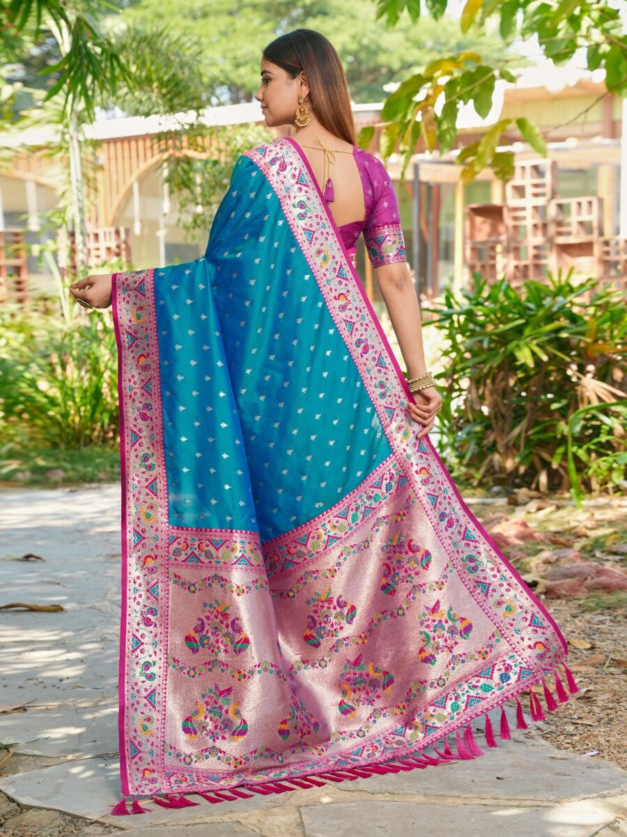 Teal Paithani Soft Silk Zari Woven Meenakari Peacock Paithani Pallu Wedding Reception Party Festival Casual Heavy Border Sarees