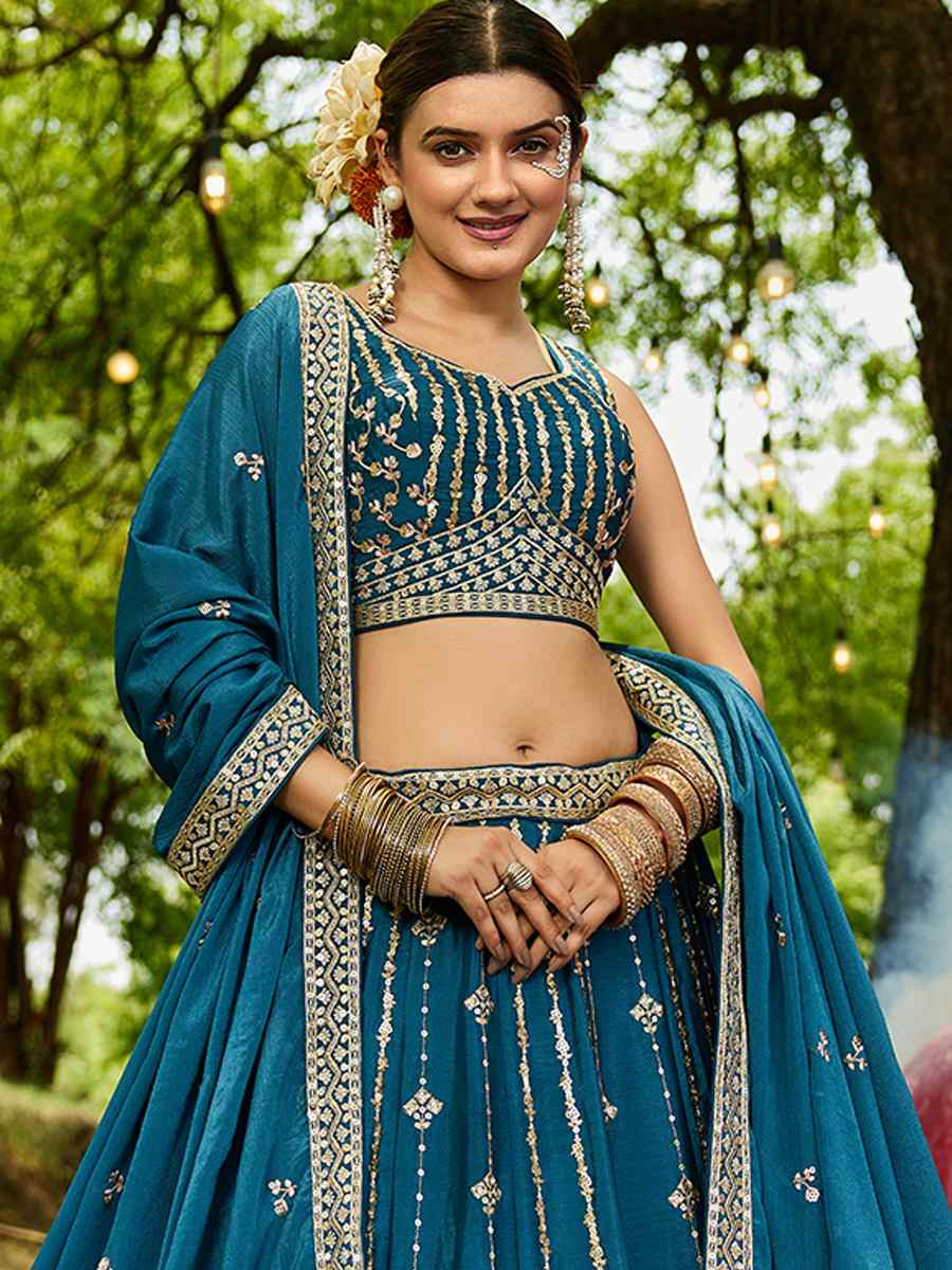 Teal Poly Georgette Embroidered Festival Reception Wedding Party Wear Heavy Border Lehenga Choli