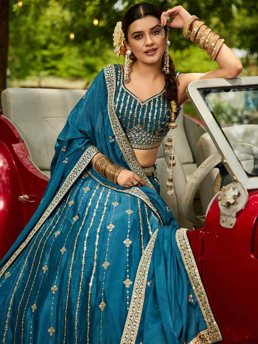 Teal Poly Georgette Embroidered Festival Reception Wedding Party Wear Heavy Border Lehenga Choli