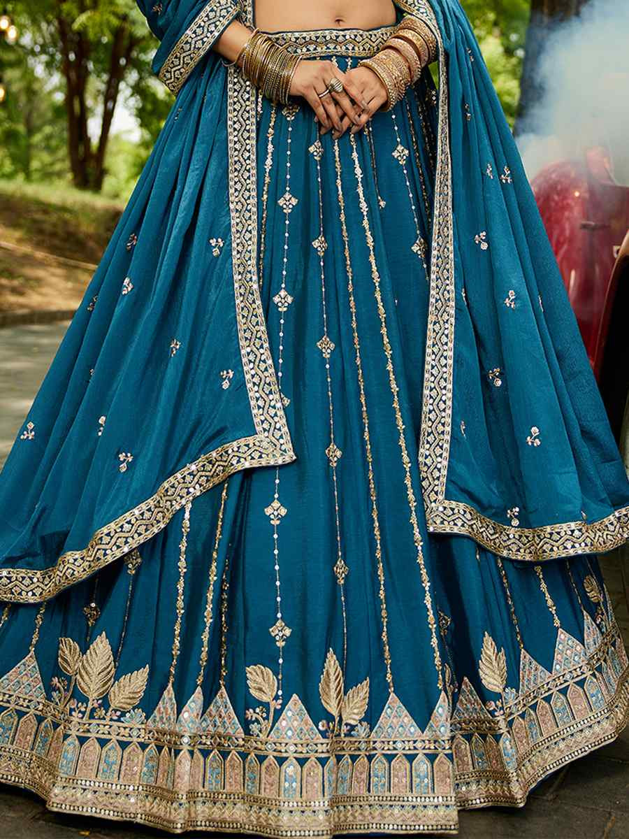 Teal Poly Georgette Embroidered Festival Reception Wedding Party Wear Heavy Border Lehenga Choli