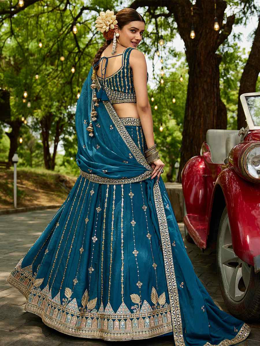 Teal Poly Georgette Embroidered Festival Reception Wedding Party Wear Heavy Border Lehenga Choli