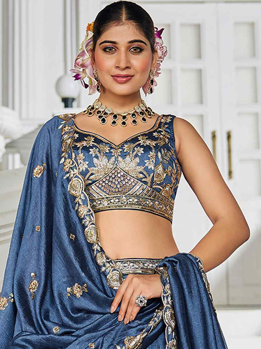 Teal Poly Georgette Embroidered Festival Reception Wedding Party Wear Heavy Border Lehenga Choli