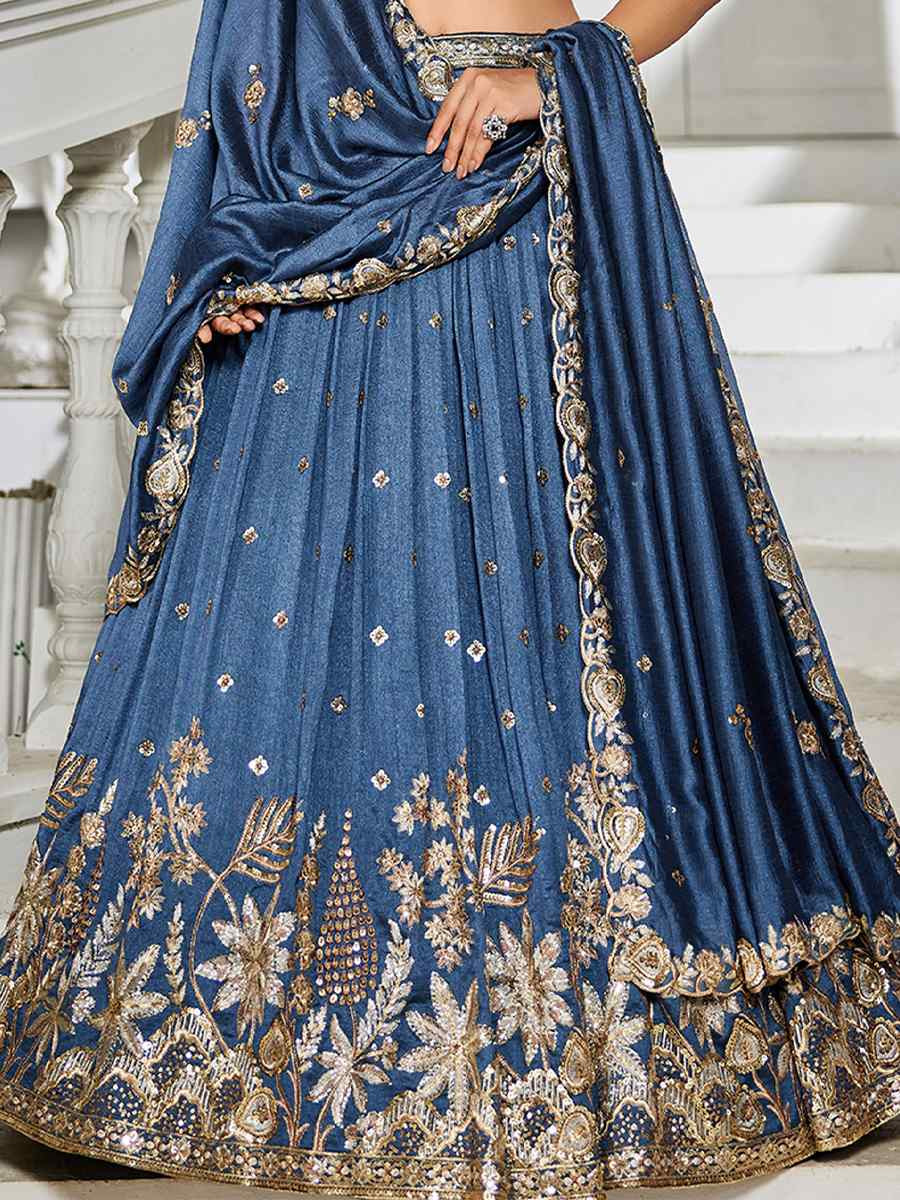 Teal Poly Georgette Embroidered Festival Reception Wedding Party Wear Heavy Border Lehenga Choli