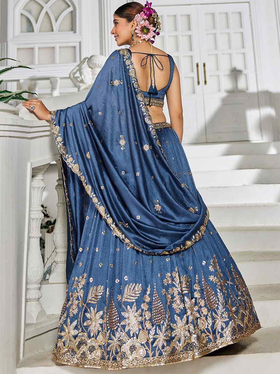 Teal Poly Georgette Embroidered Festival Reception Wedding Party Wear Heavy Border Lehenga Choli