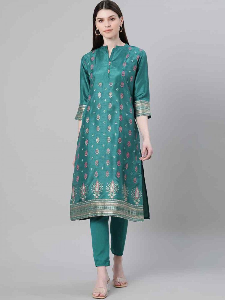 Teal Poly Silk Handwoven Festival Casual Kurti