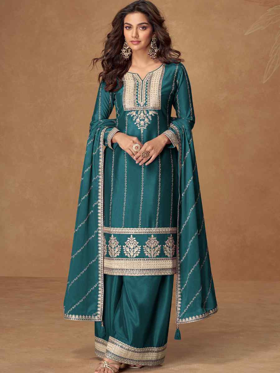 Teal Premium Chinon Silk Embroidered Festival Mehendi Ready Palazzo Salwar Kameez