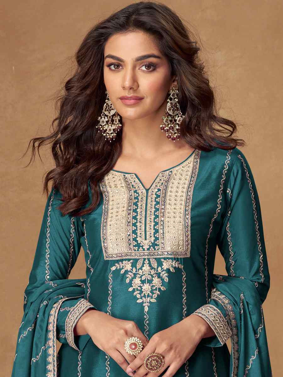 Teal Premium Chinon Silk Embroidered Festival Mehendi Ready Palazzo Salwar Kameez