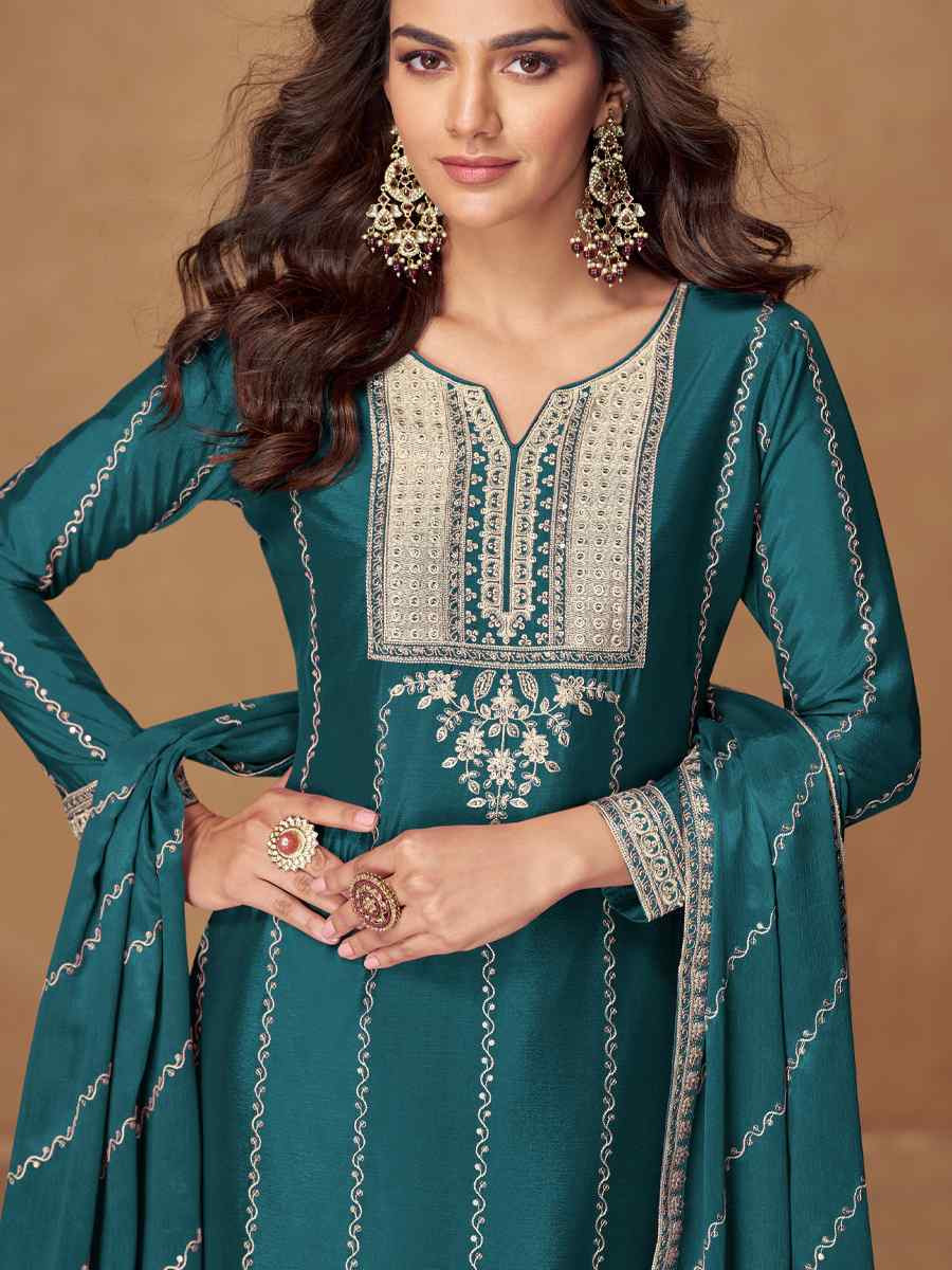 Teal Premium Chinon Silk Embroidered Festival Mehendi Ready Palazzo Salwar Kameez