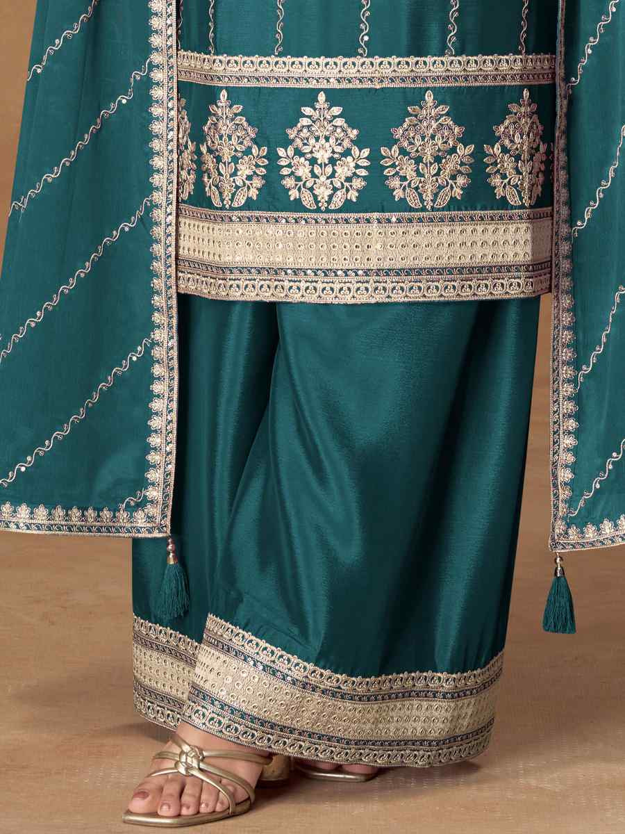 Teal Premium Chinon Silk Embroidered Festival Mehendi Ready Palazzo Salwar Kameez