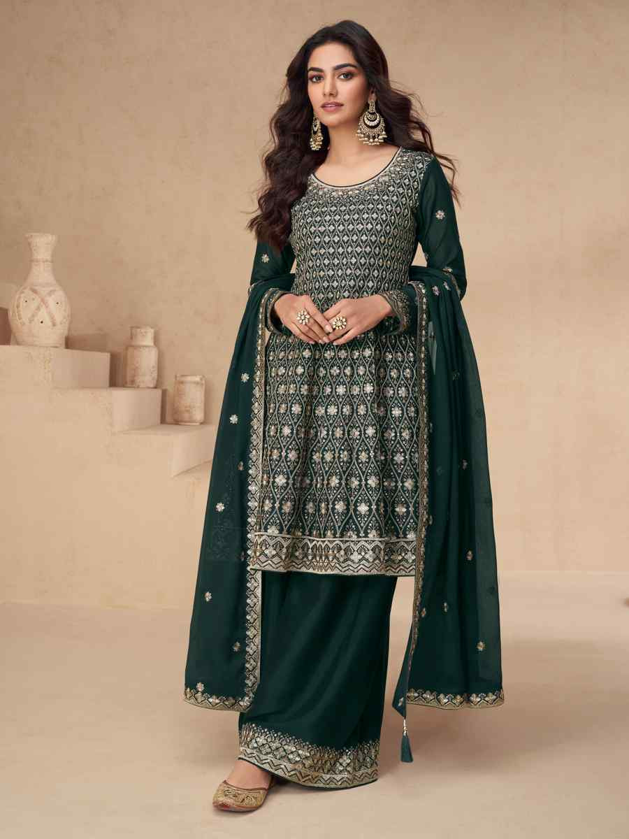 Teal Premium Chinon Silk Embroidered Festival Wedding Sharara Pant Salwar Kameez