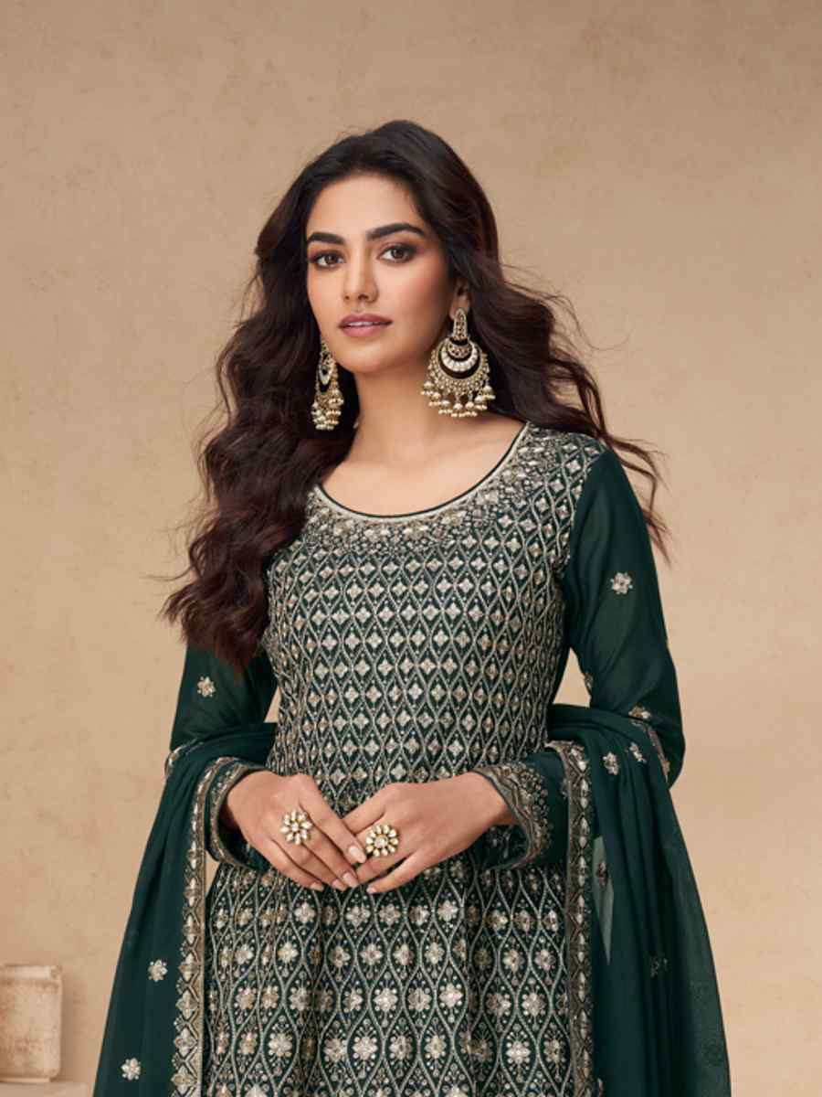 Teal Premium Chinon Silk Embroidered Festival Wedding Sharara Pant Salwar Kameez