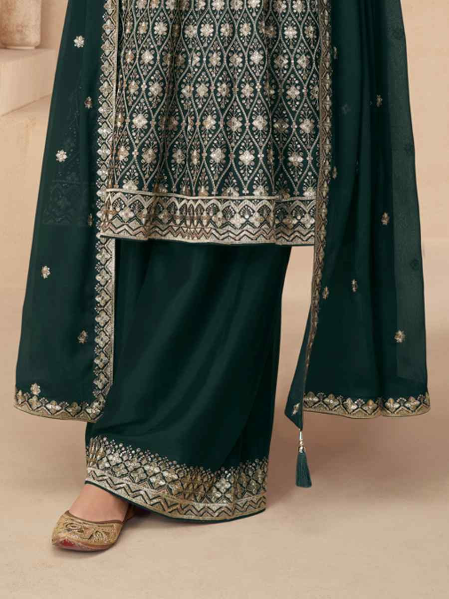 Teal Premium Chinon Silk Embroidered Festival Wedding Sharara Pant Salwar Kameez