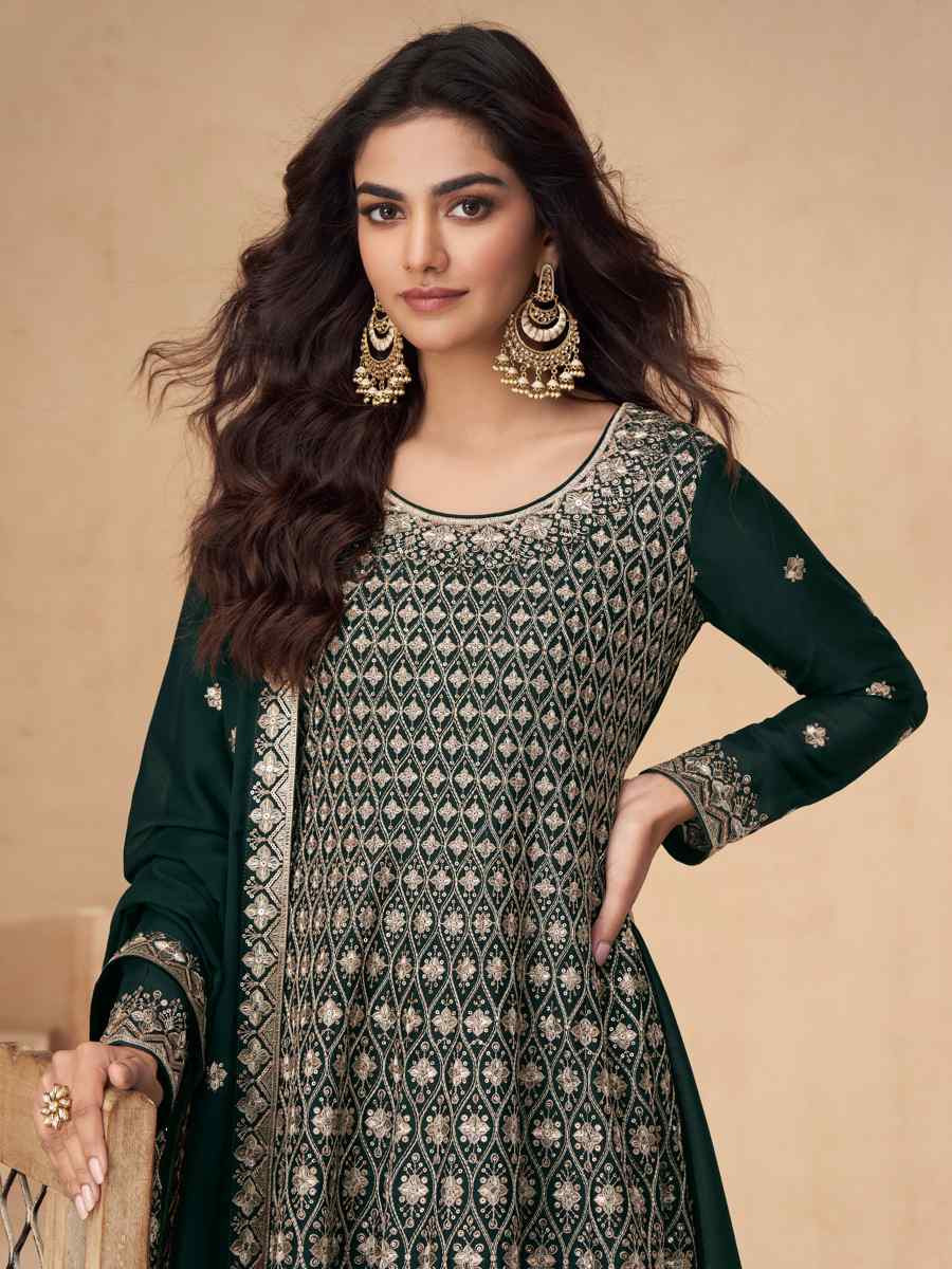 Teal Premium Chinon Silk Embroidered Festival Wedding Sharara Pant Salwar Kameez