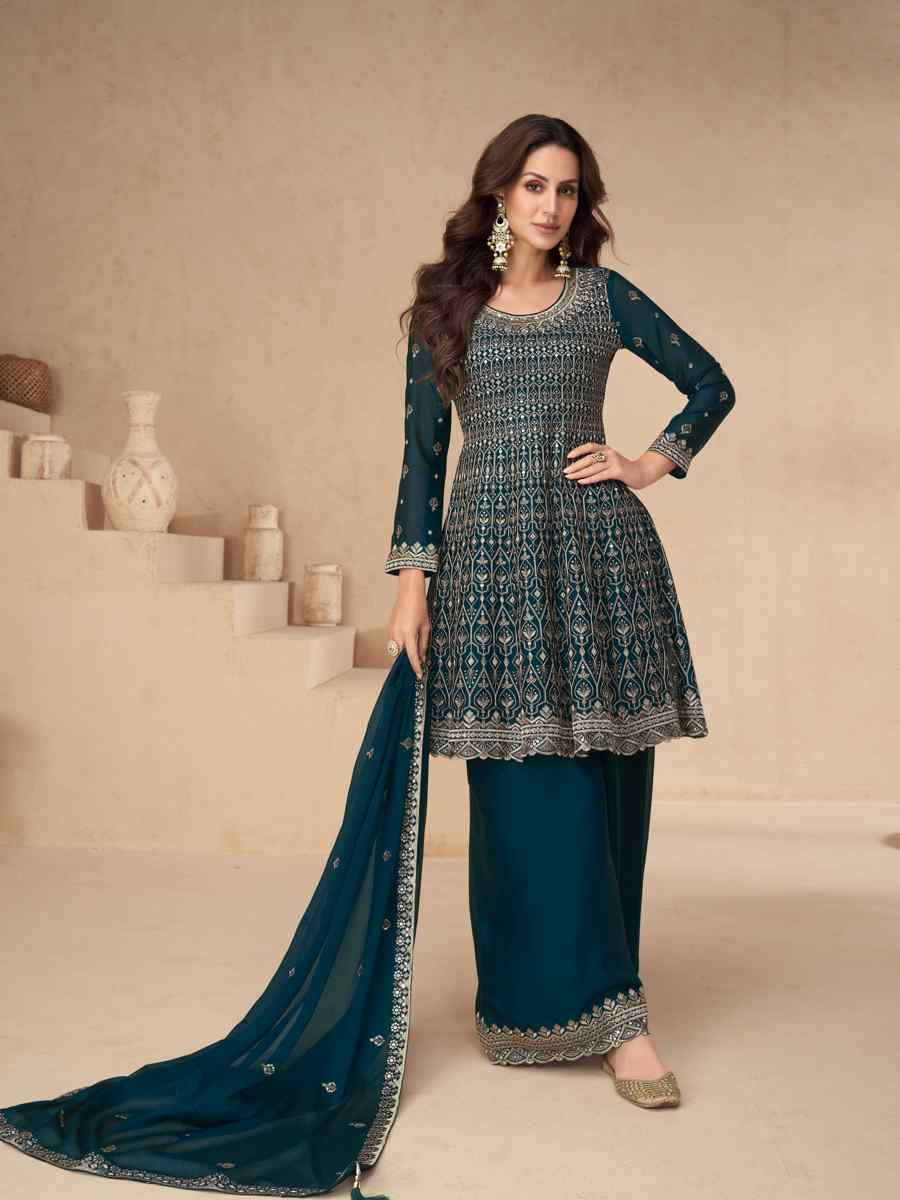 Teal Premium Chinon Silk Embroidered Festival Wedding Sharara Pant Salwar Kameez