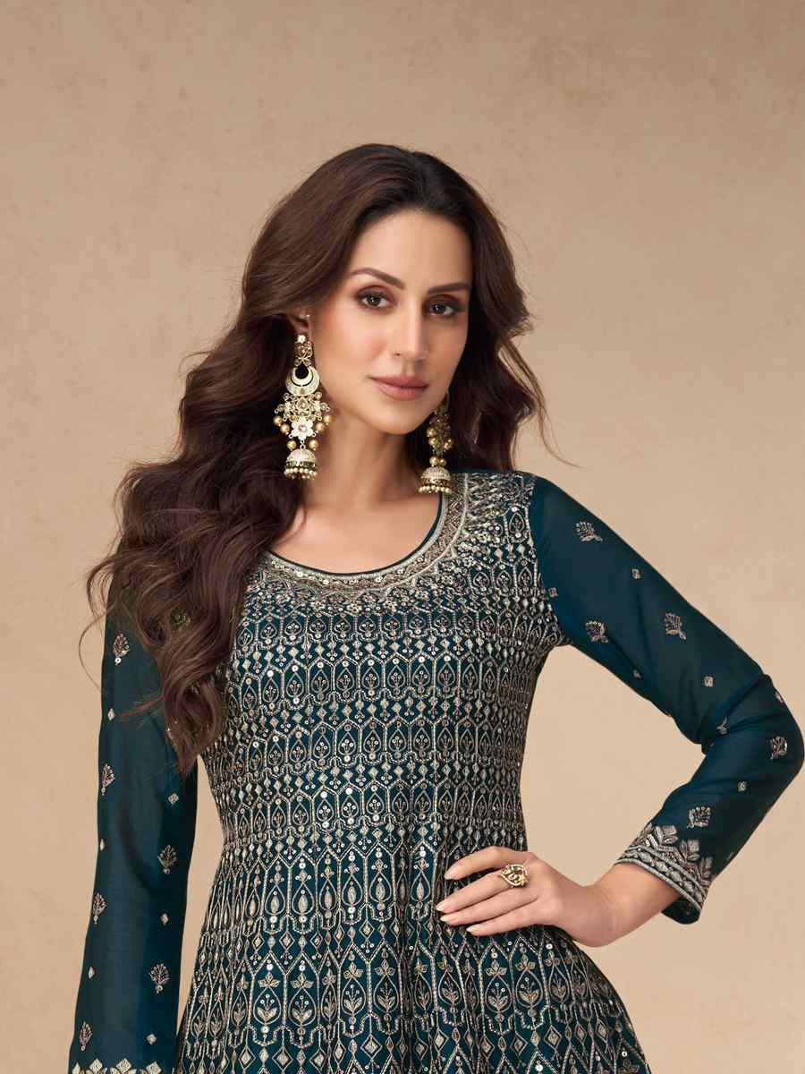 Teal Premium Chinon Silk Embroidered Festival Wedding Sharara Pant Salwar Kameez