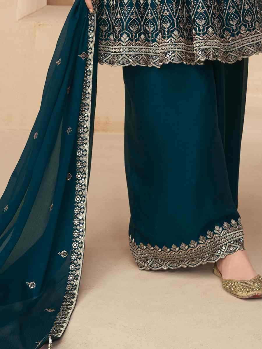 Teal Premium Chinon Silk Embroidered Festival Wedding Sharara Pant Salwar Kameez