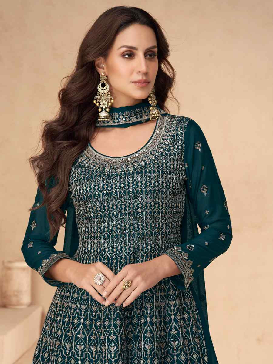 Teal Premium Chinon Silk Embroidered Festival Wedding Sharara Pant Salwar Kameez