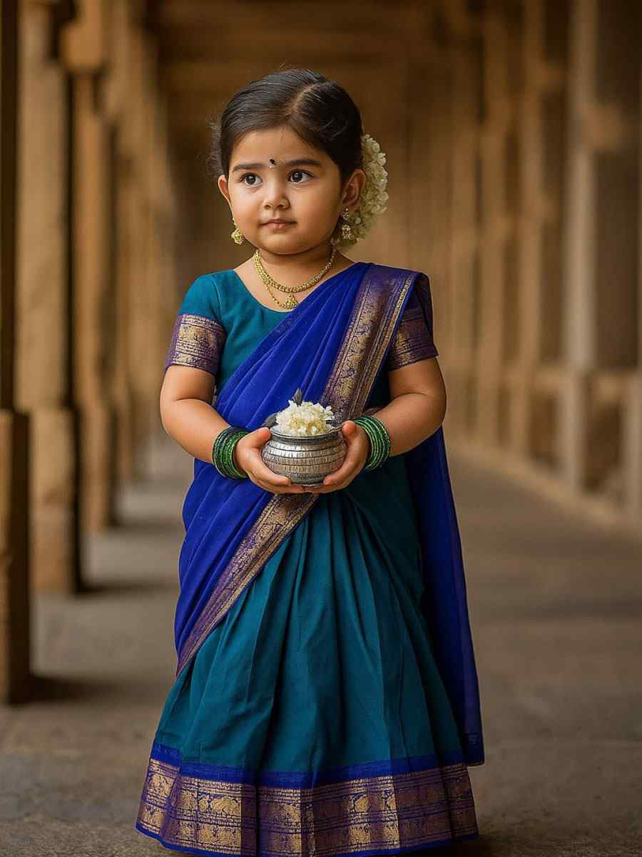 Teal Premium Lichi Silk Brocade Kids Wear Wedding Festival Lehengas Girls Wear