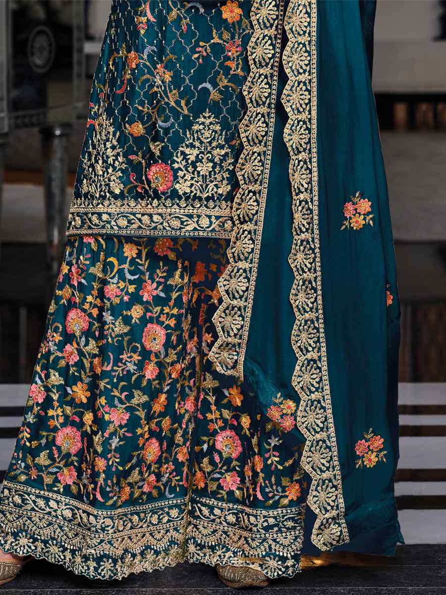 Teal Premium Silk Embroidered Festival Wedding Palazzo Pant Salwar Kameez
