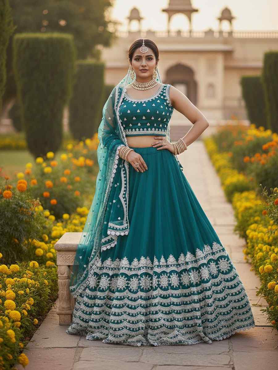 Teal Pure Butterfly Net Embroidery Wedding Reception Festival Heavy Border Lehenga Choli