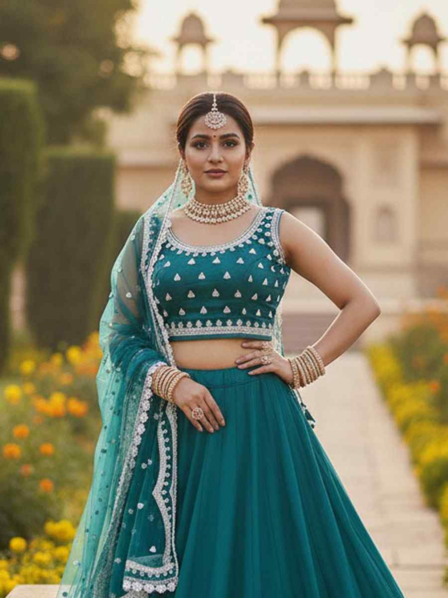 Teal Pure Butterfly Net Embroidery Wedding Reception Festival Heavy Border Lehenga Choli