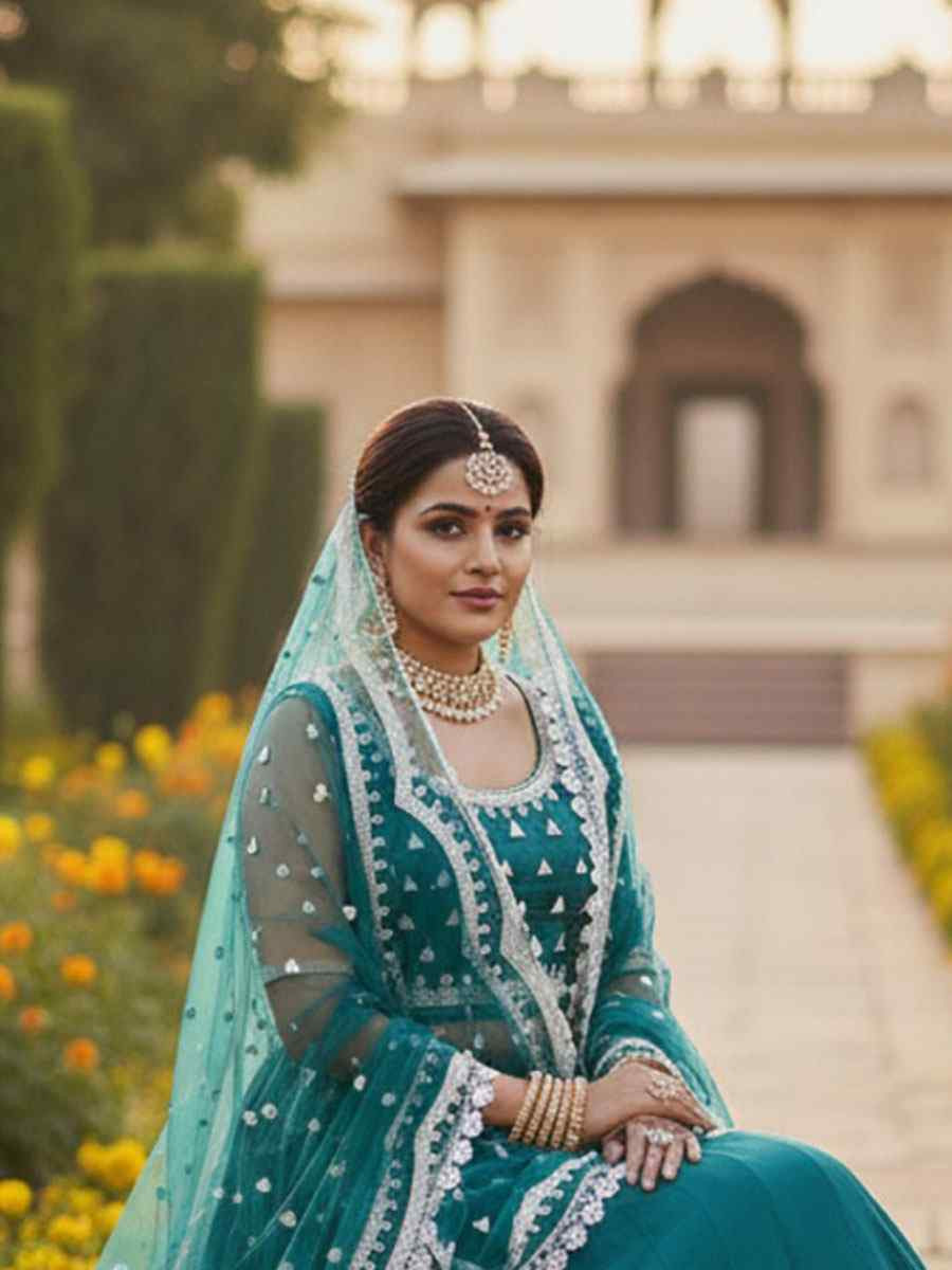Teal Pure Butterfly Net Embroidery Wedding Reception Festival Heavy Border Lehenga Choli