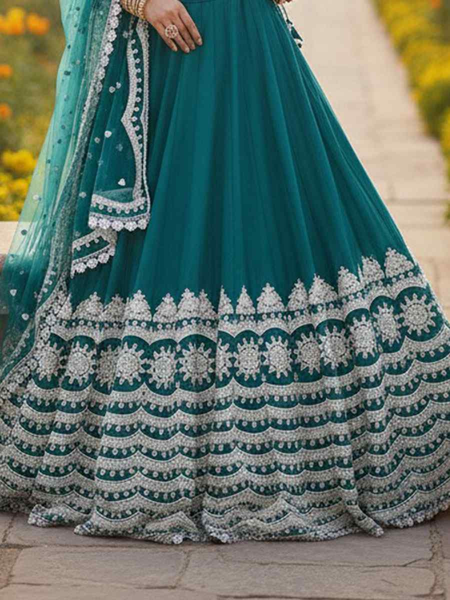 Teal Pure Butterfly Net Embroidery Wedding Reception Festival Heavy Border Lehenga Choli