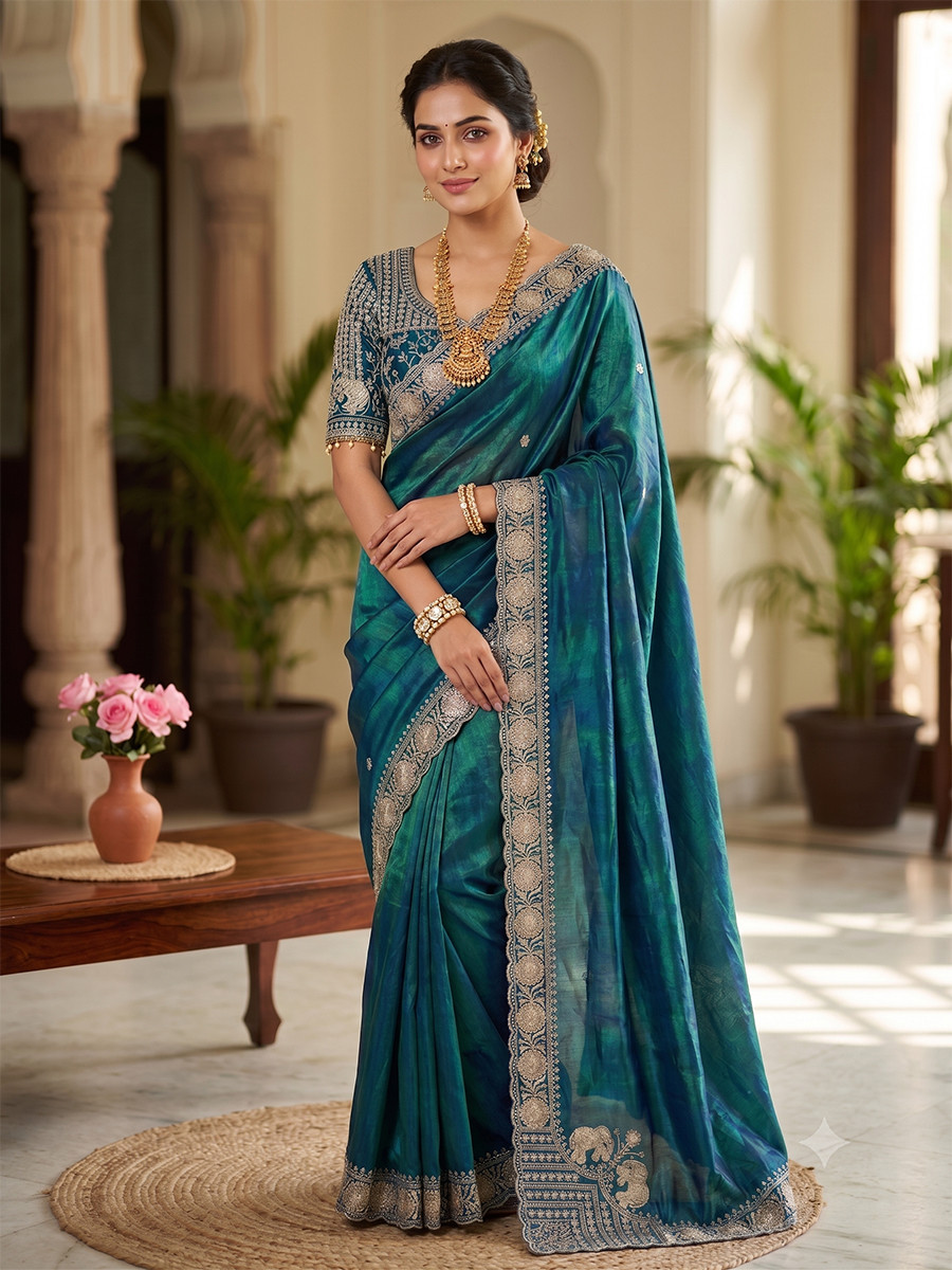 Teal Pure Fandy Satin Embroidery Wedding Reception Party Festival Casual Heavy Border Sarees