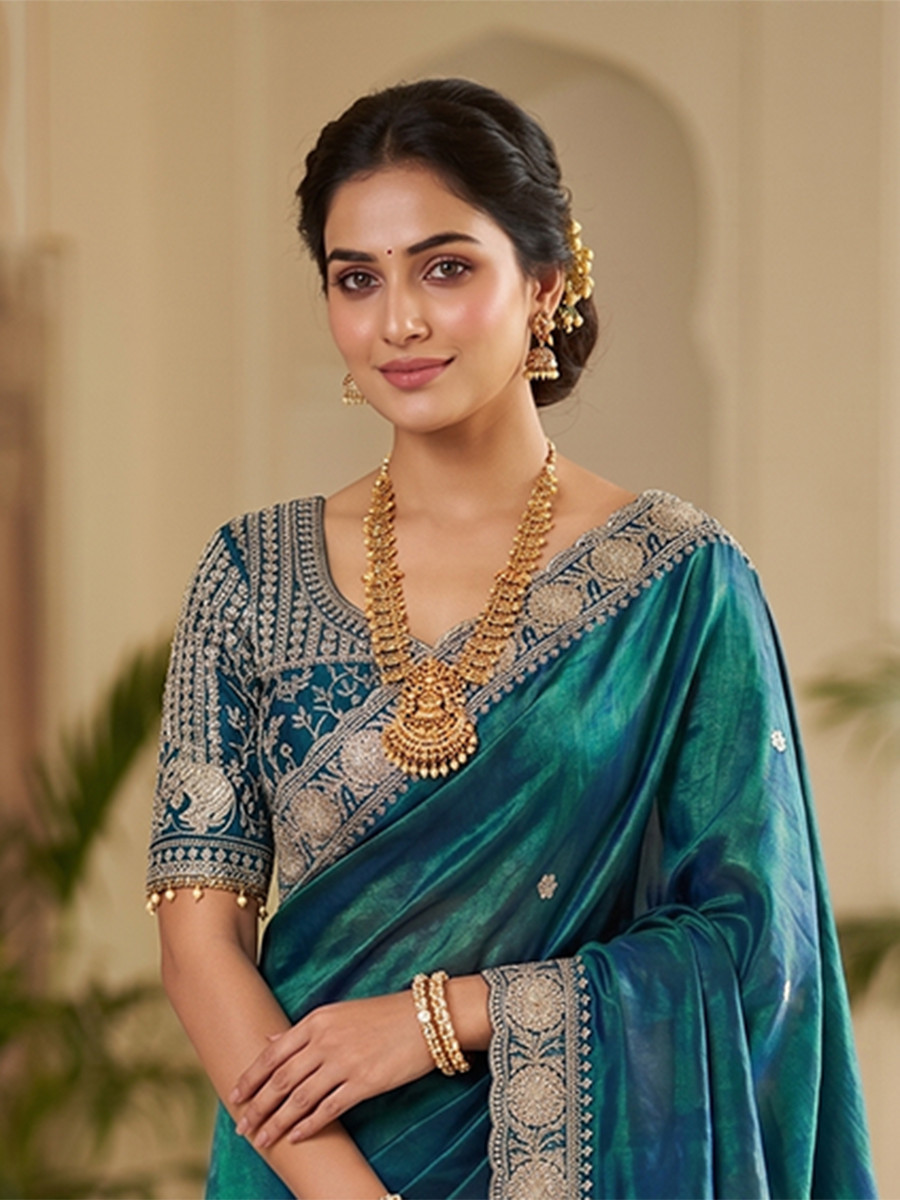 Teal Pure Fandy Satin Embroidery Wedding Reception Party Festival Casual Heavy Border Sarees