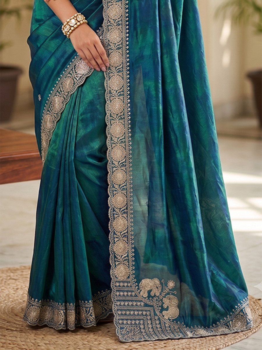 Teal Pure Fandy Satin Embroidery Wedding Reception Party Festival Casual Heavy Border Sarees