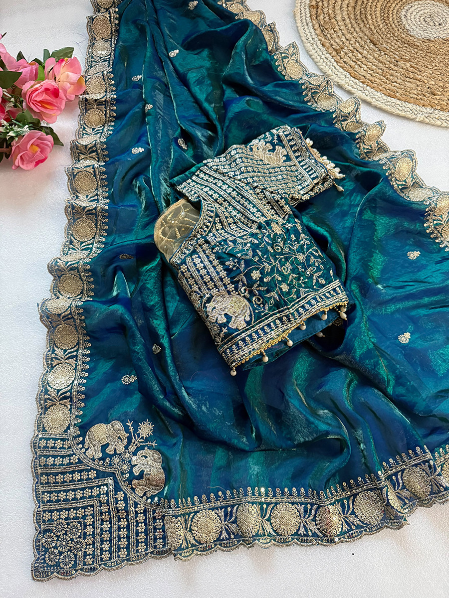 Teal Pure Fandy Satin Embroidery Wedding Reception Party Festival Casual Heavy Border Sarees