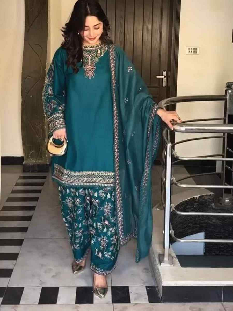 Teal Pure Faux Georgette Embroidered Festival Mehendi Ready Farsi Salwar Kameez