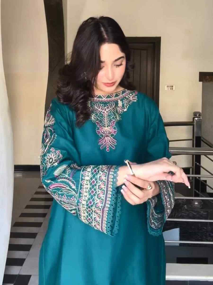 Teal Pure Faux Georgette Embroidered Festival Mehendi Ready Farsi Salwar Kameez