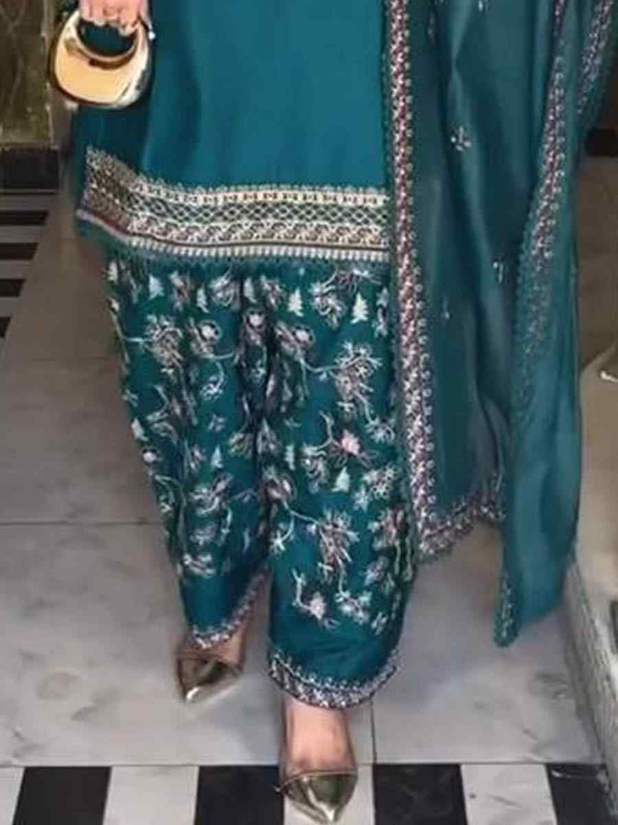 Teal Pure Faux Georgette Embroidered Festival Mehendi Ready Farsi Salwar Kameez