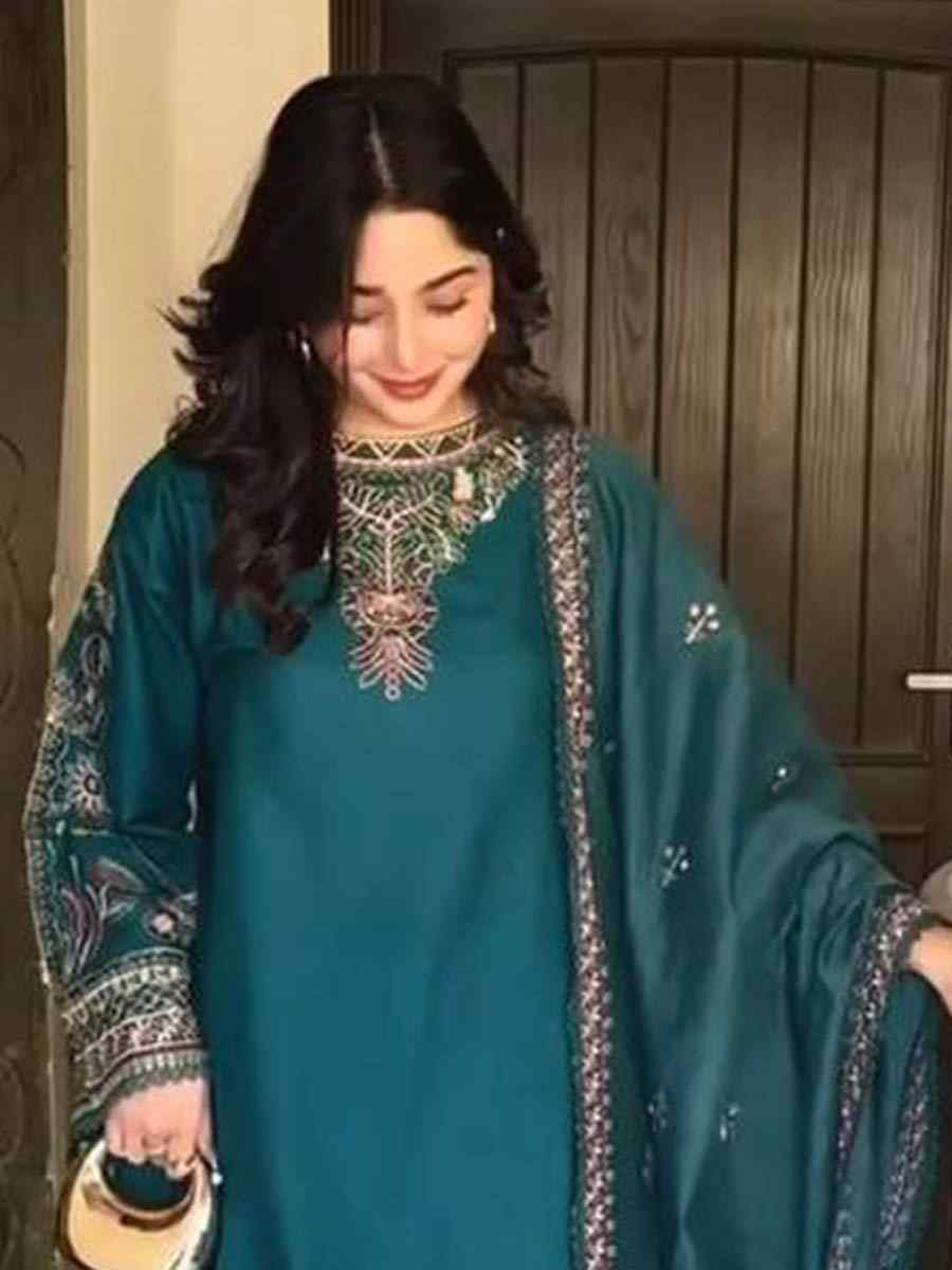 Teal Pure Faux Georgette Embroidered Festival Mehendi Ready Farsi Salwar Kameez