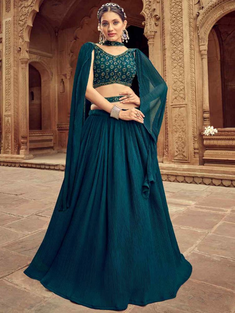 Teal Pure Faux Georgette Embroidered Party Wear Wedding Circular Lehenga Choli