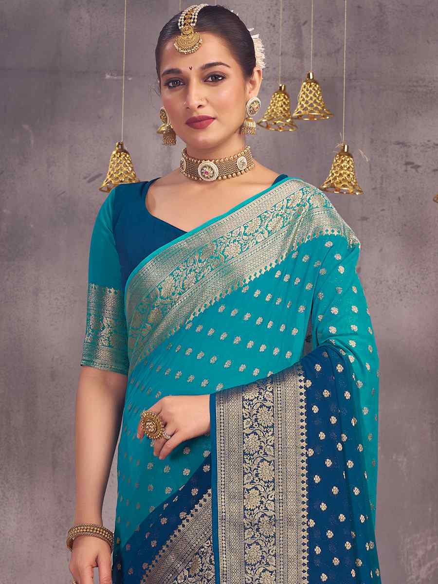 Teal Pure Georgette Handwoven Wedding Festival Heavy Border Saree