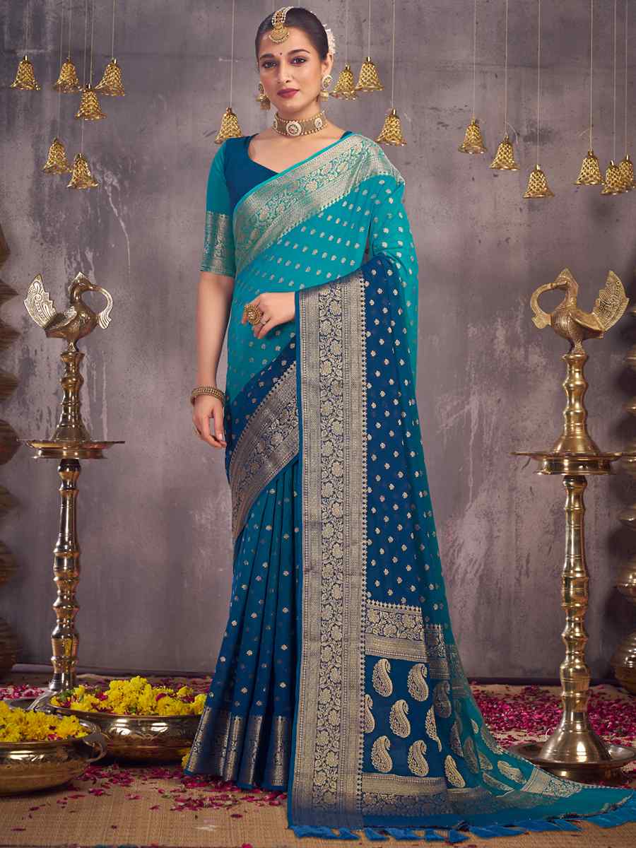 Teal Pure Georgette Handwoven Wedding Festival Heavy Border Saree