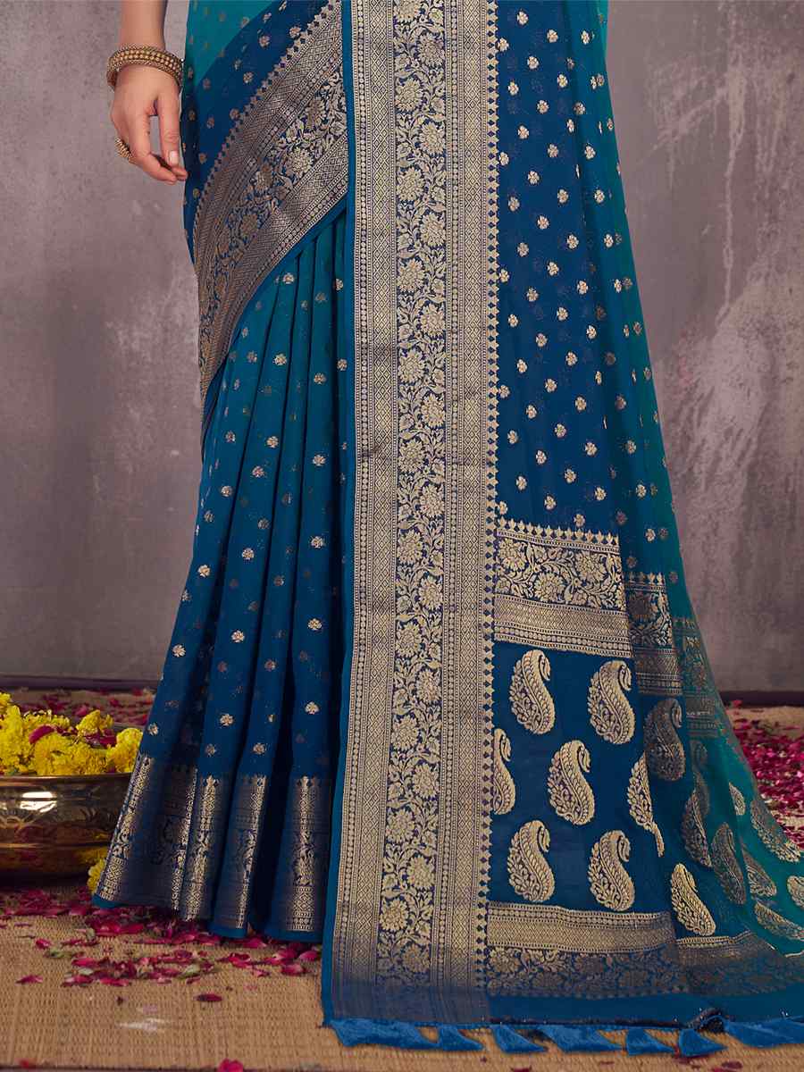 Teal Pure Georgette Handwoven Wedding Festival Heavy Border Saree