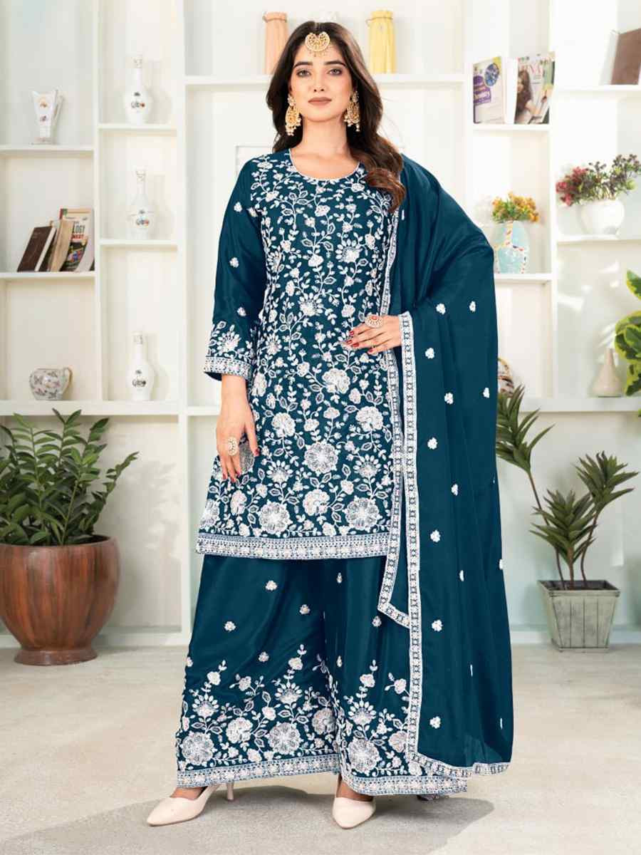 Teal Pure Heavy Chinnon Silk Embroidered Festival Casual Ready Palazzo Pant Salwar Kameez