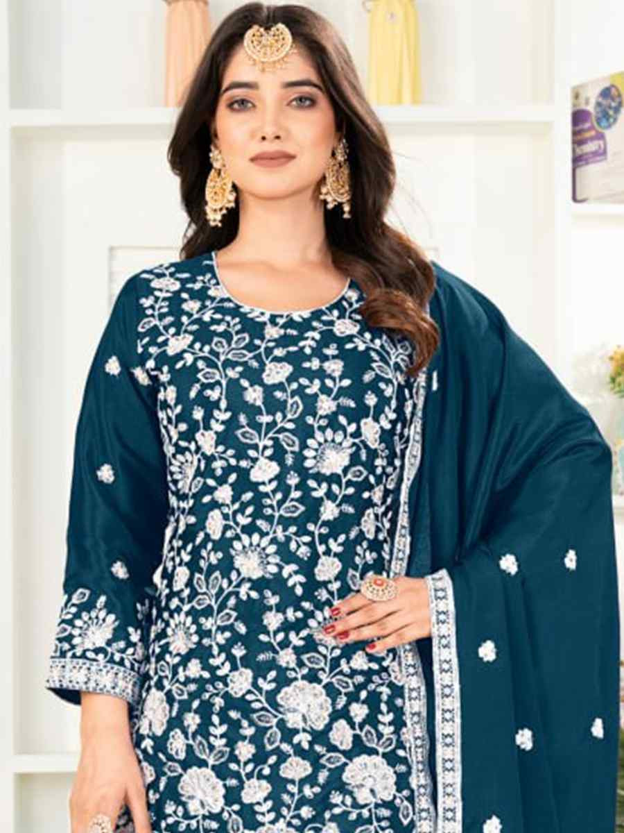 Teal Pure Heavy Chinnon Silk Embroidered Festival Casual Ready Palazzo Pant Salwar Kameez